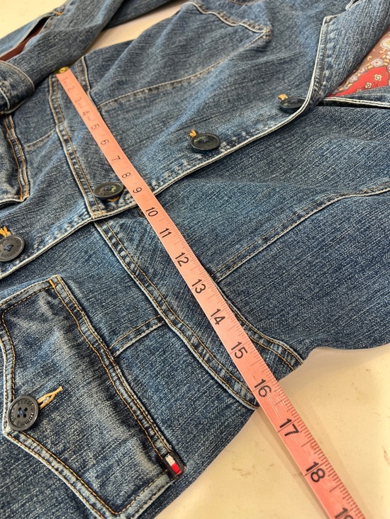 Tommy Hilfiger Y2K Stretch Denim Coat Floral Paisley Lined Long Jacket Size L - Picture 15 of 16